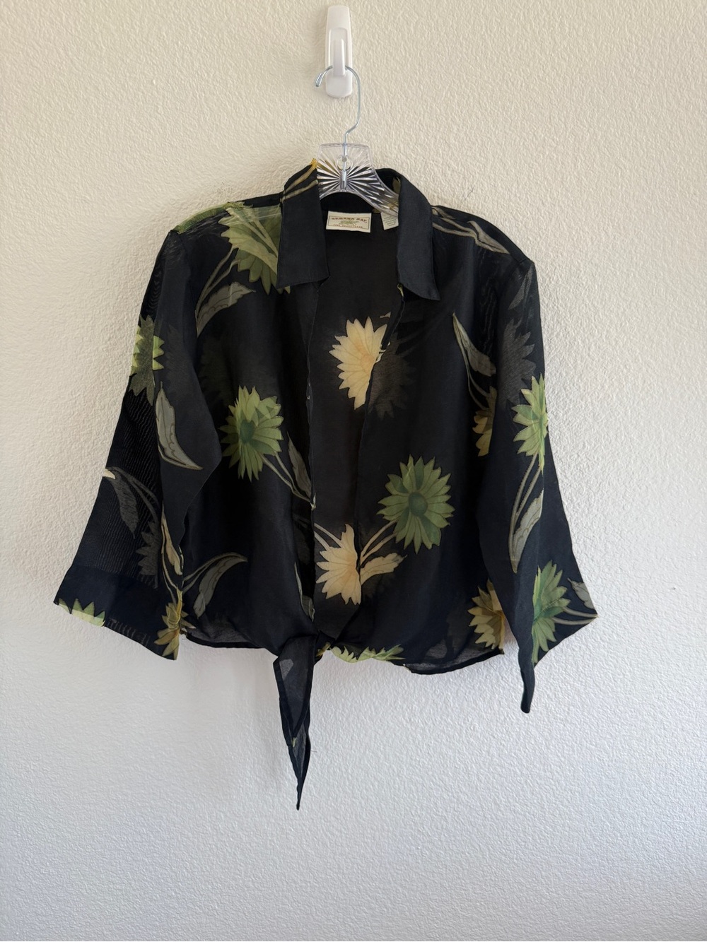 Banana Bay Black Sheer Floral Tie Shirt with Green and Yellow Flowers
